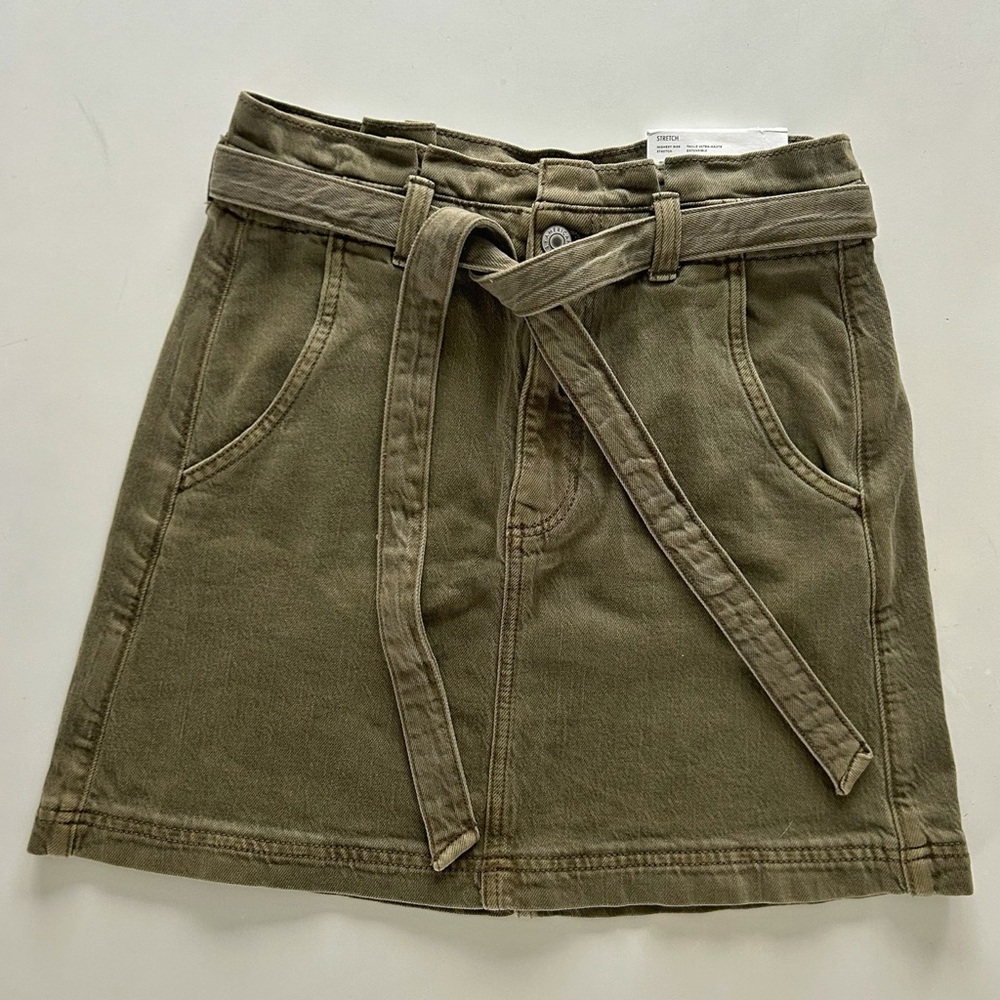 American Eagle NWT Olive Tie Waist Denim Mini Skirt Stretch Size 2 Winter Skirt